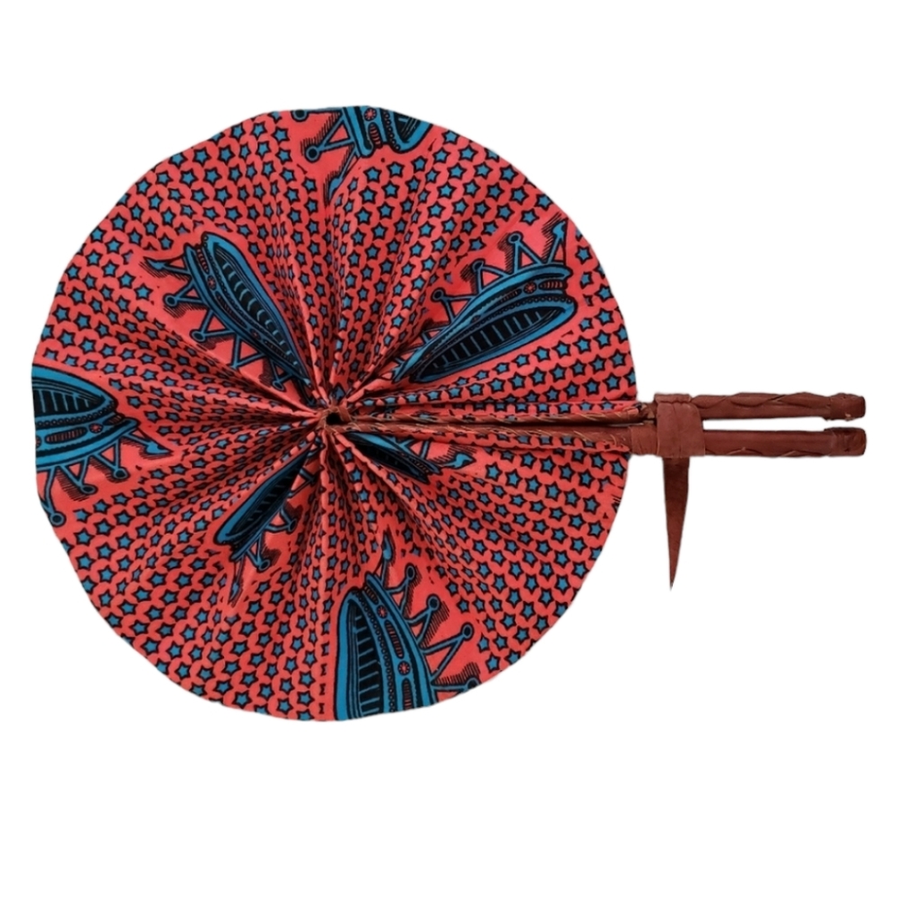 African leather coral blue fabric hand fan